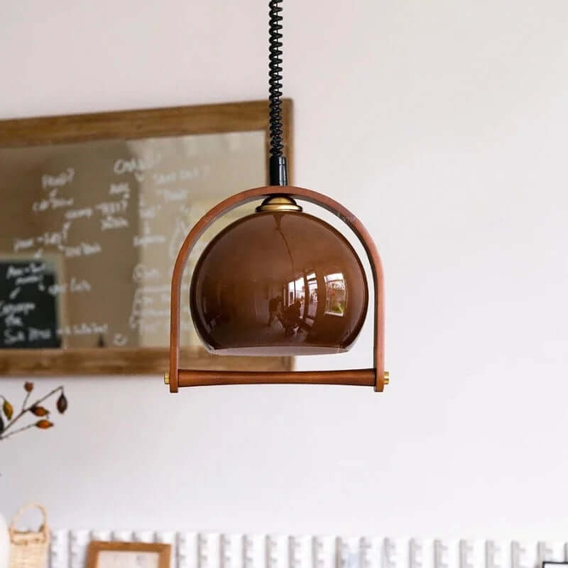 Vintage Wood Pendant Light with Glass