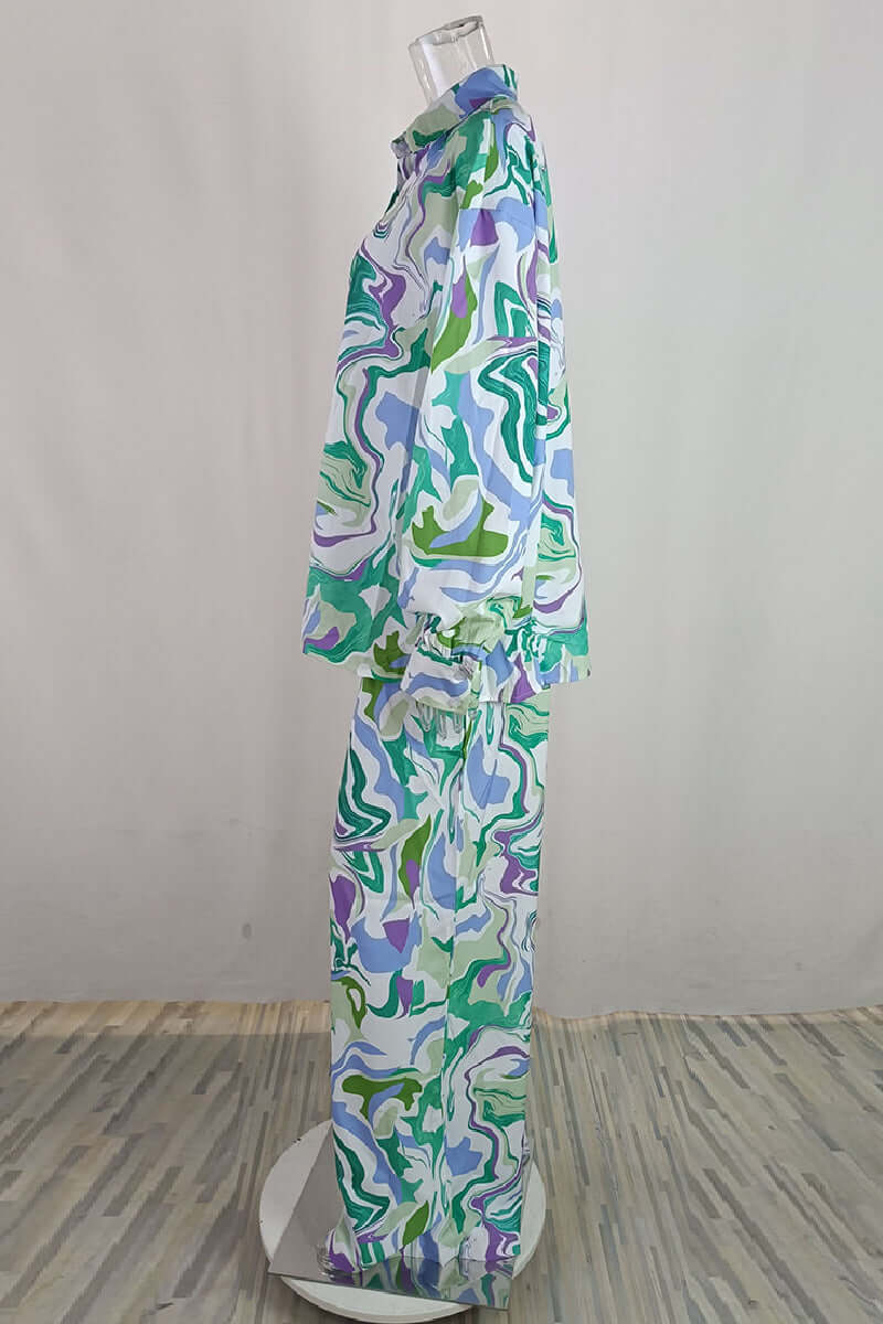 Printed Two-Piece Set with Cardigan & Pants