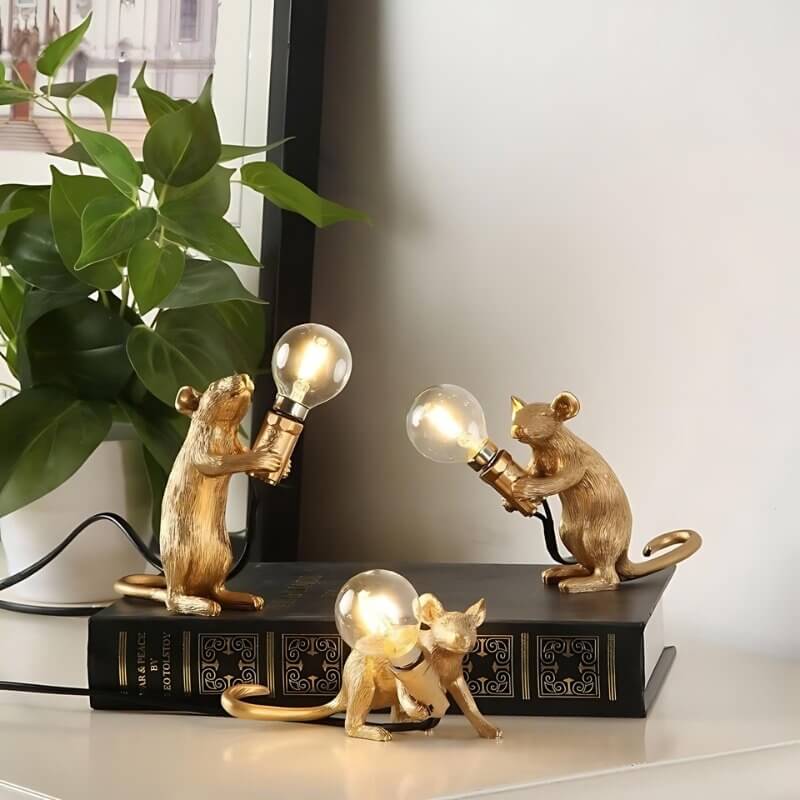 Resin Mouse Table Lamp with LED Bulb - White & Gold