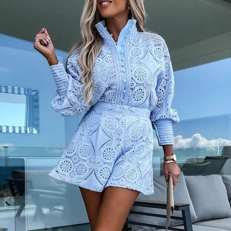 Women's Casual Long Sleeve Top and Shorts Set