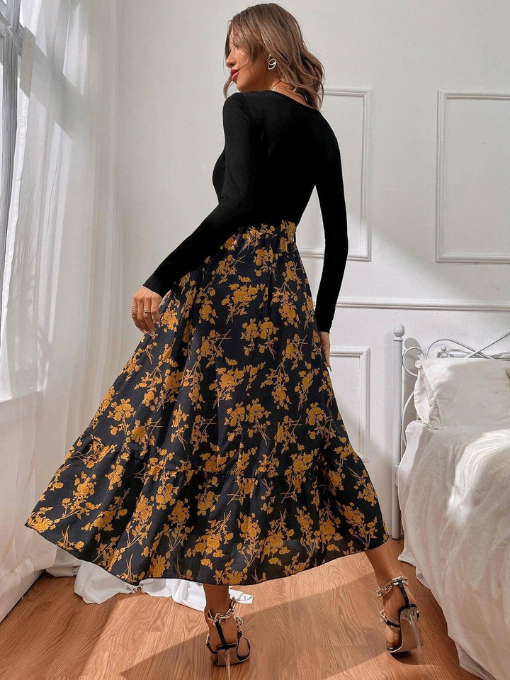 Close-up of the floral print on a long sleeve dress