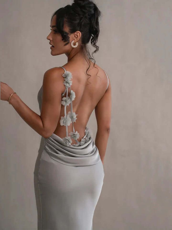 Satin Backless Floral Appliqué Evening Gown