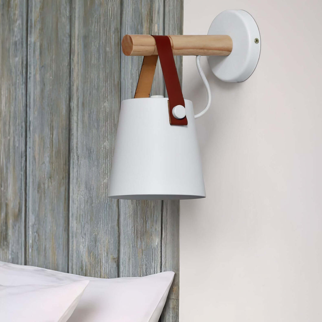 Conical Wooden Wall Light with Leather Strap