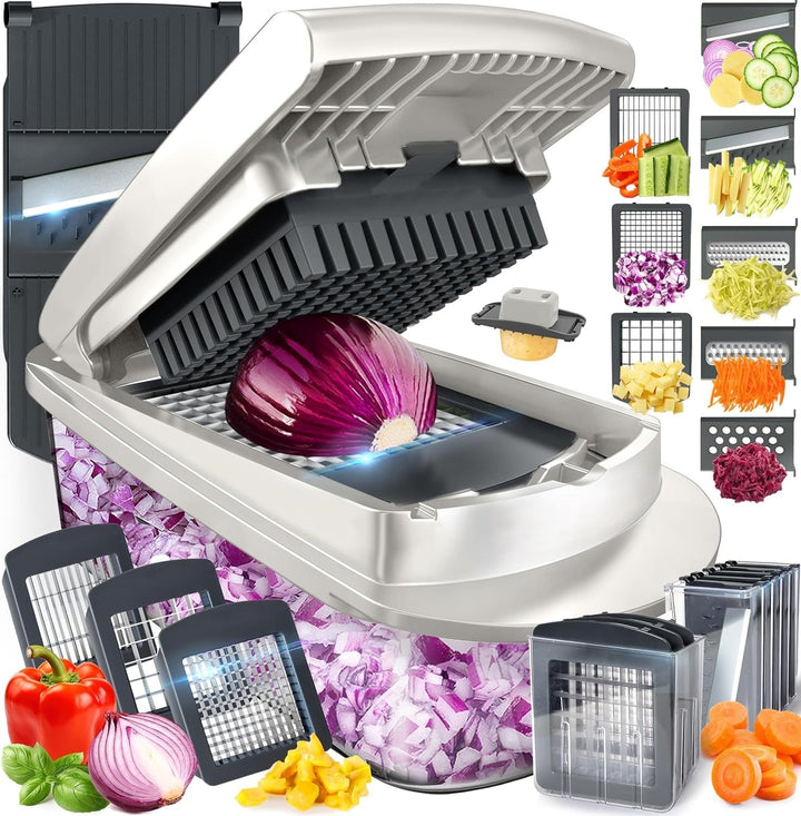 10-in-1 vegetable slicer & food chopper with 8 interchangeable blades for efficient kitchen meal prep.