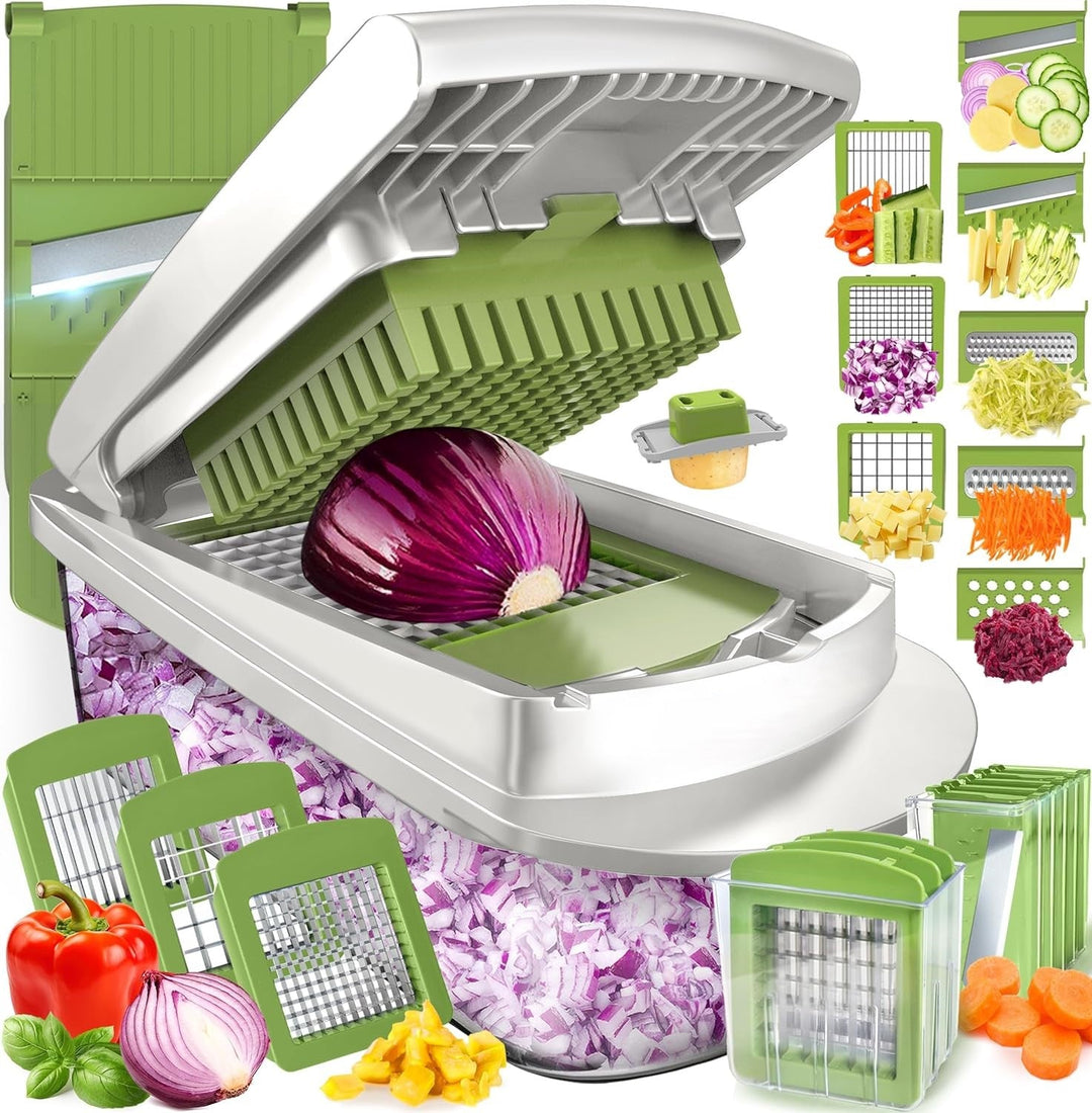 Versatile 8-blade vegetable slicer & chopper, perfect for slicing, dicing, and grating kitchen ingredients.