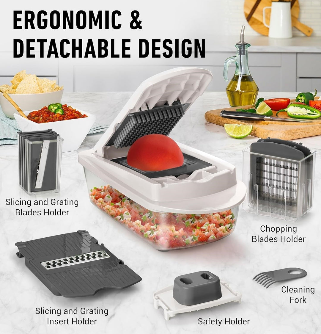 Handheld food chopper dicing red onions, demonstrating quick and easy meal prep with kitchen gadget.