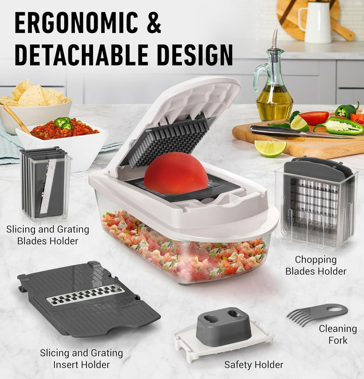 Handheld food chopper dicing red onions, demonstrating quick and easy meal prep with kitchen gadget.