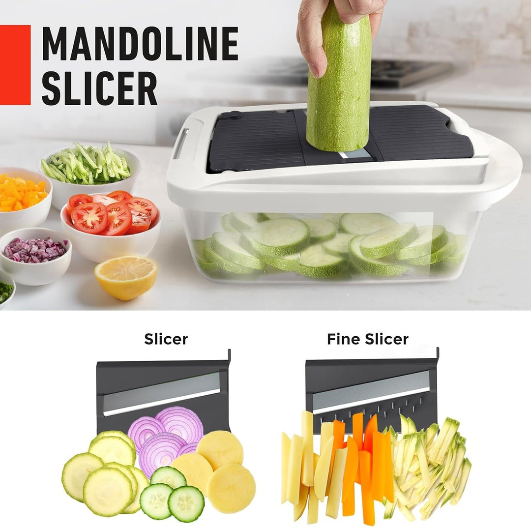 Easy-clean 10-in-1 vegetable slicer & food chopper, disassembles for quick washing after meal prep.