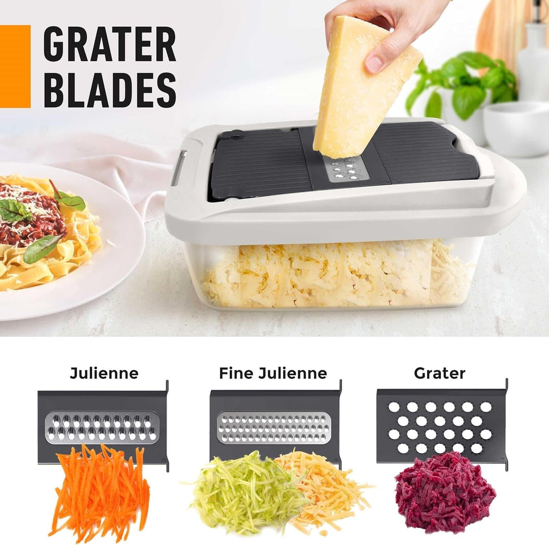 Multifunctional kitchen grater attachment on the 10-in-1 vegetable slicer, ideal for cheese or veggies.