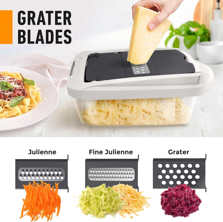 Multifunctional kitchen grater attachment on the 10-in-1 vegetable slicer, ideal for cheese or veggies.