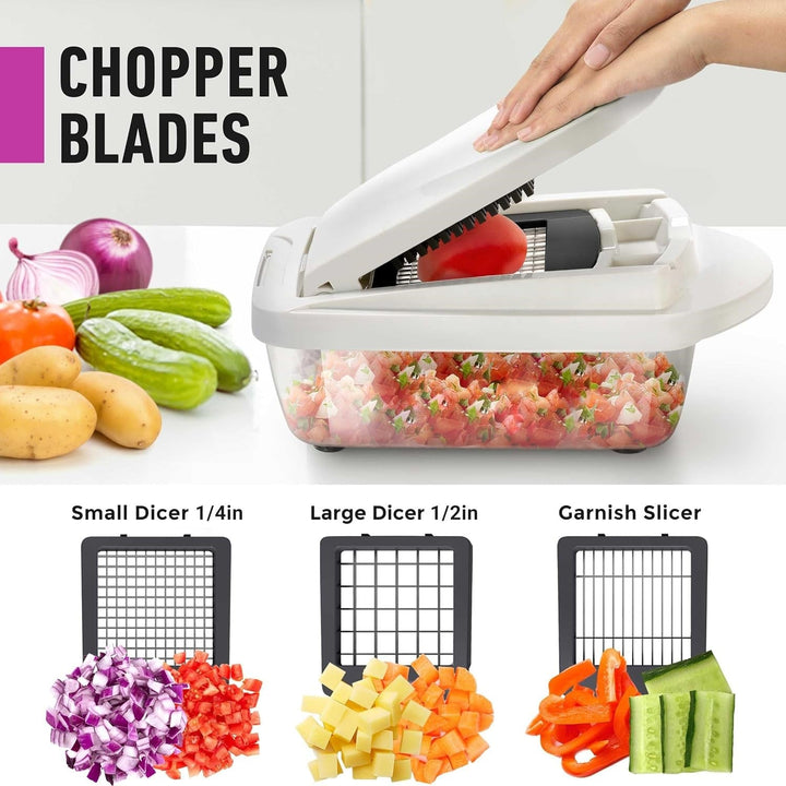 Ergonomic 10-in-1 vegetable slicer and food chopper, designed for safe and efficient kitchen dicing & slicing.