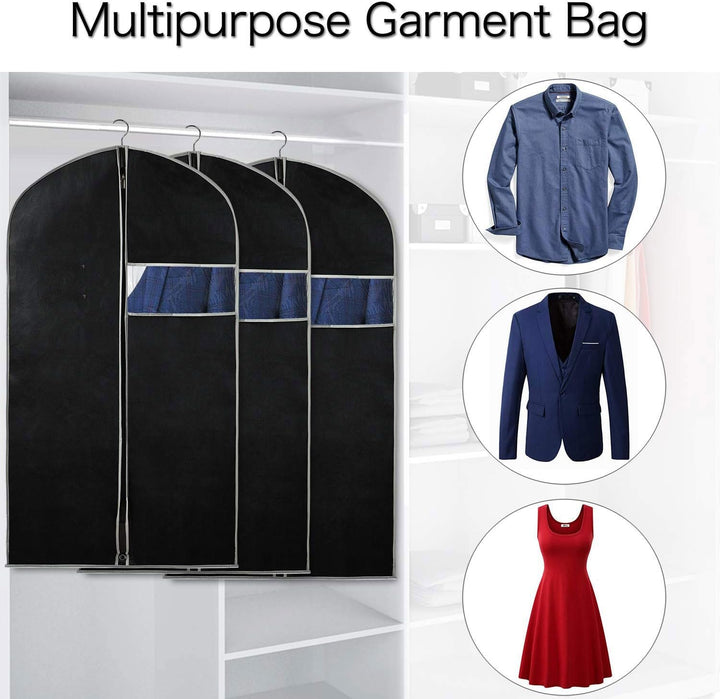 Set of 10 breathable suit covers with windows. Ideal for travel organization & home wardrobe protection.