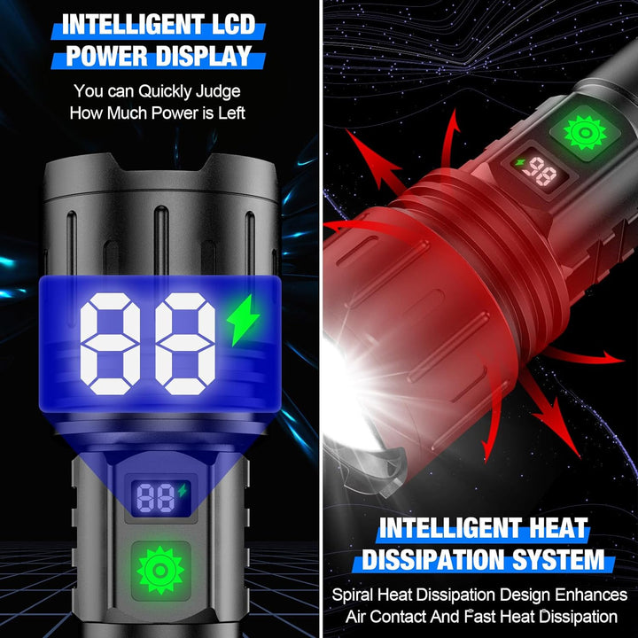"100000 lumen tactical flashlight with LED, sturdy black aluminum body, LCD power display, ideal for outdoor use."