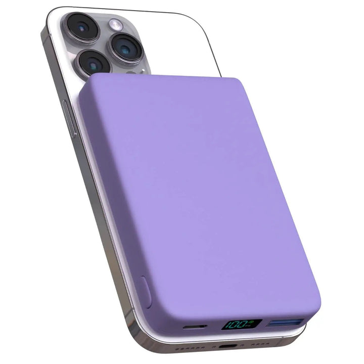 "10,000mAh MagSafe power bank for iPhone, sleek design, wireless charging, vibrant colors, portable, lightweight."