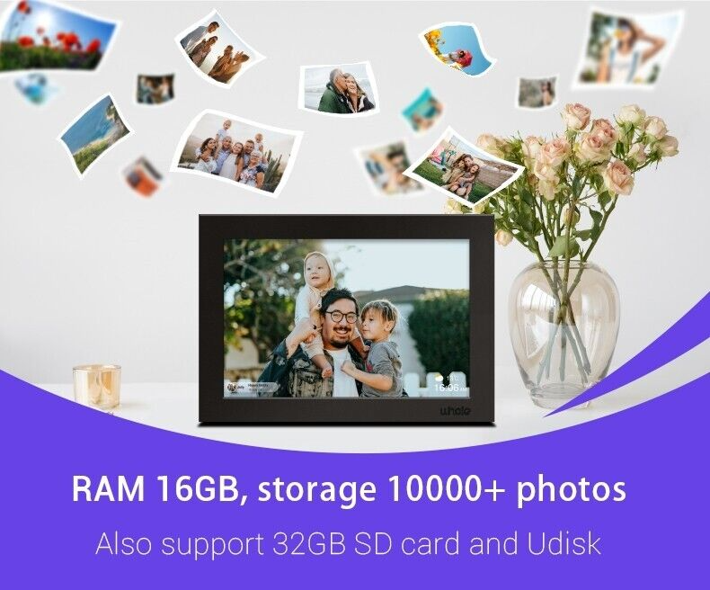 10.1-Inch WiFi digital photo frame with HD touchscreen, displaying vivid family photos, ideal for home decor and connectivity