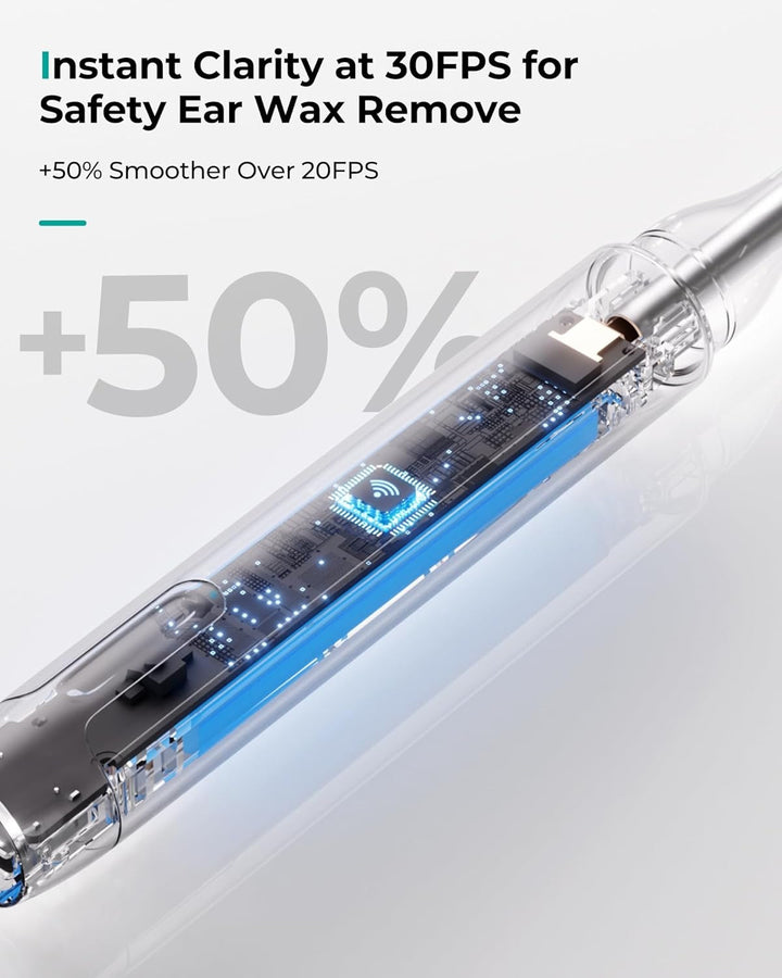 "1080P HD wireless ear camera with LED lights, ergonomic design for adults and kids, shown in close-up view."
