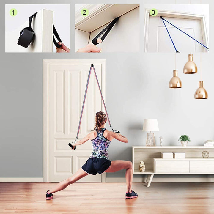 "11-piece unisex resistance bands set in vibrant colors, includes handles and straps, perfect for all fitness levels."