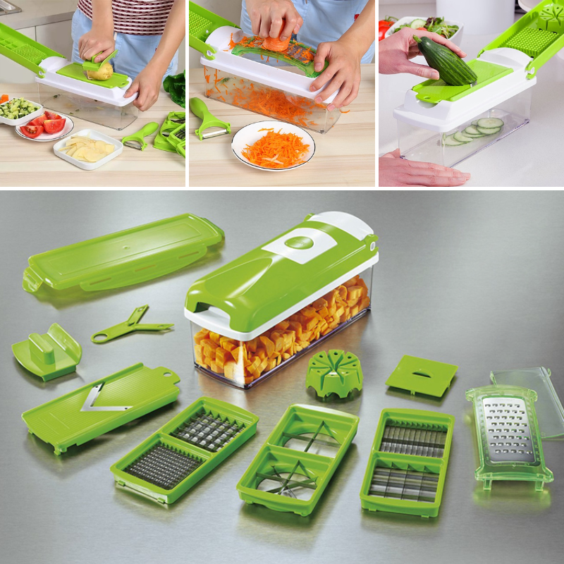 12-in-1 multi-function vegetable slicer for quick food prep. Chops, dices & grates for healthy cooking.