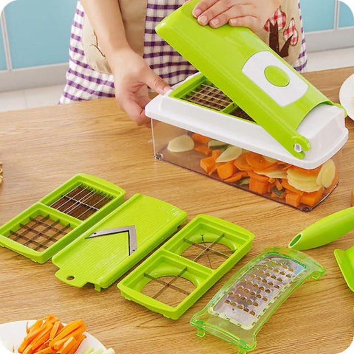 Multi-function vegetable slicer with interchangeable blades for various cuts: slice, dice, chop, grate.