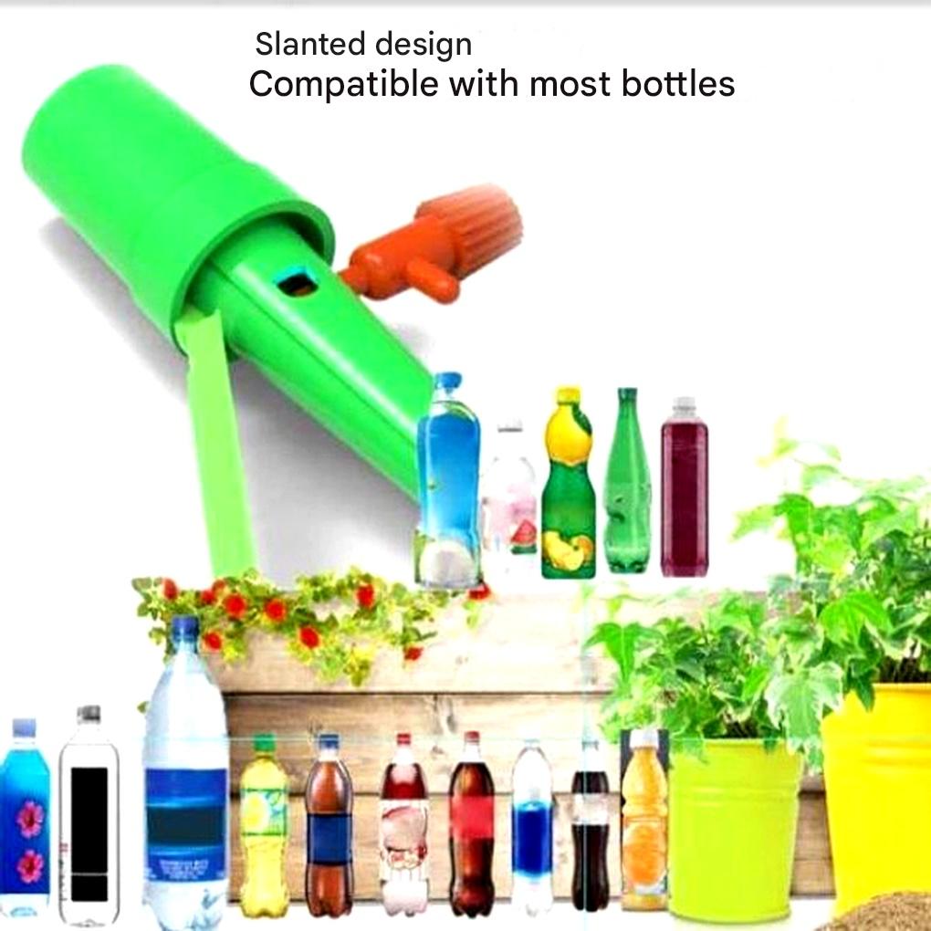 Close-up of automatic plant watering spike showing adjustable flow valve & bottle connection for plant care.