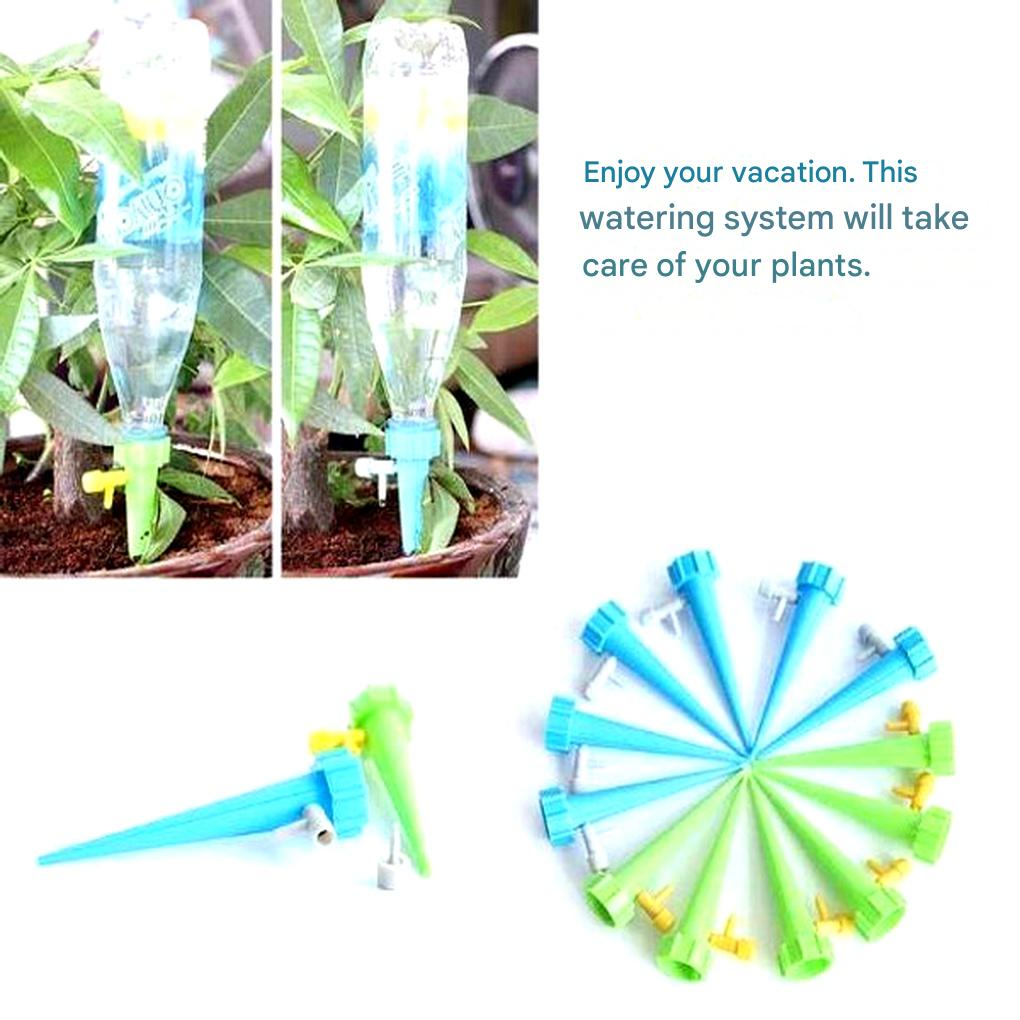 Automatic watering spikes (12-pack) in various potted plants, demonstrating adjustable flow & easy hydration.
