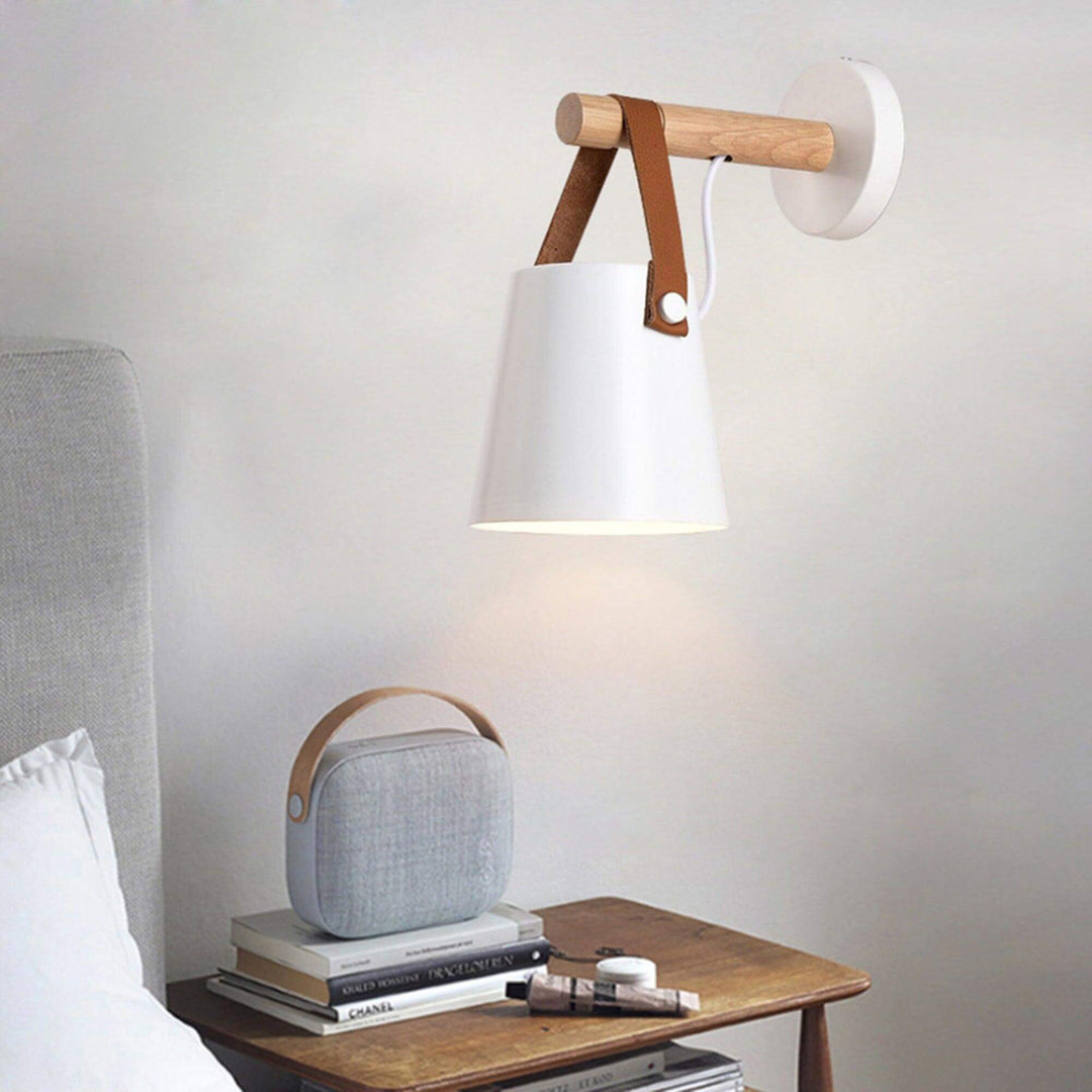 Conical Wooden Wall Light with Leather Strap