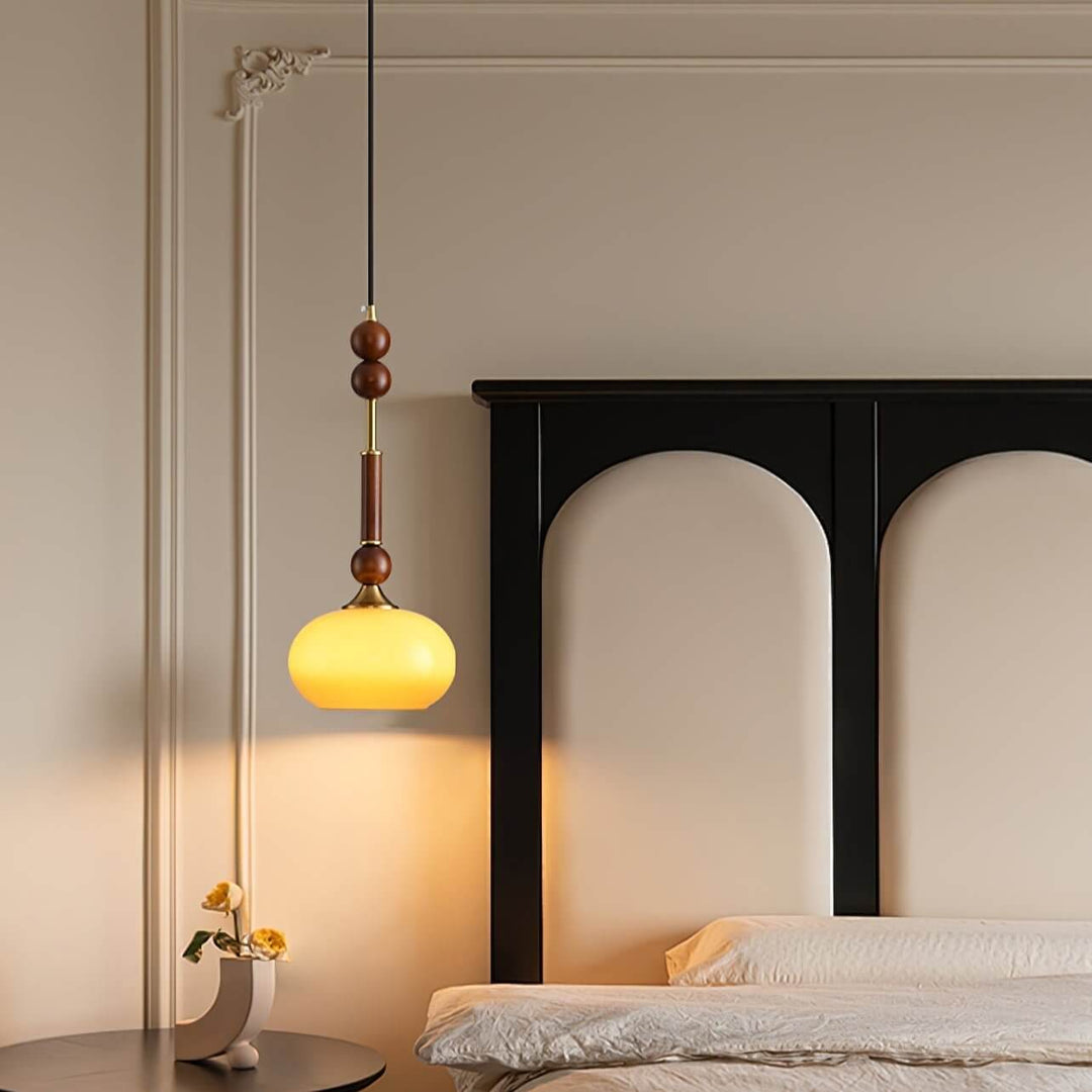 Elegant Glass Pendant Lamp with Wooden & Brass Accents