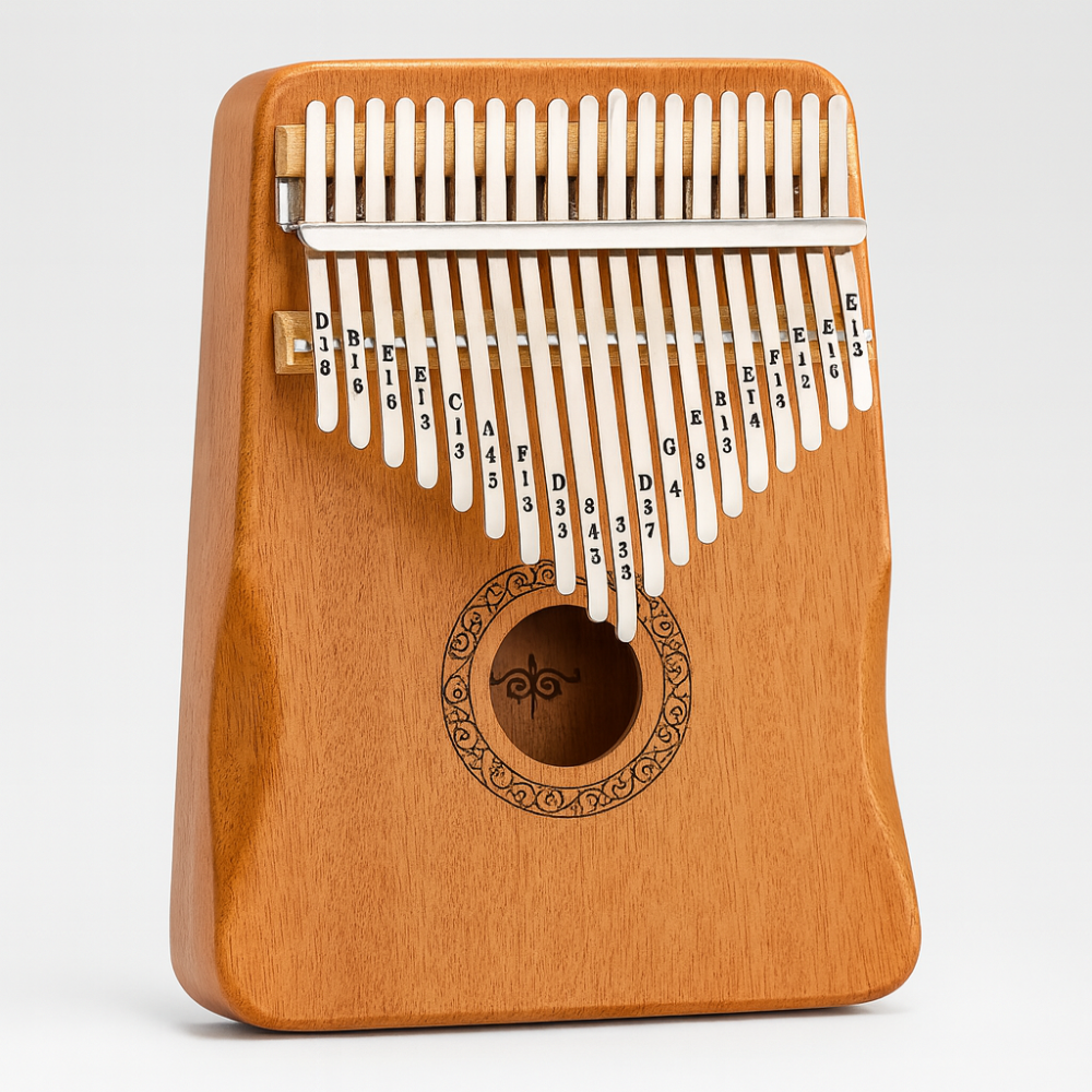 Wooden 17-key C major kalimba thumb piano for beginners. Portable musical instrument designed for easy learning & relaxation.