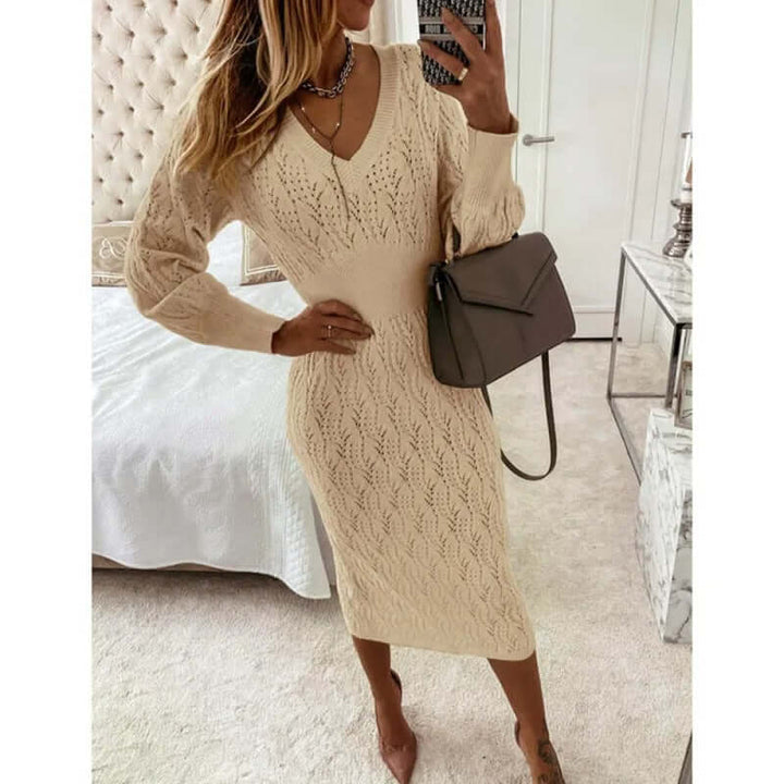Women's V-Neck Long Sleeve Midi Dress