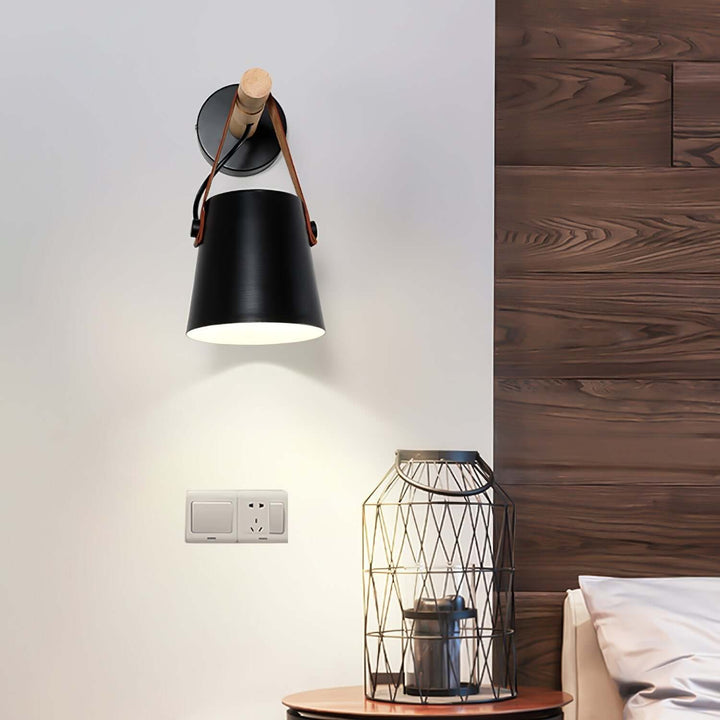 Conical Wooden Wall Light with Leather Strap