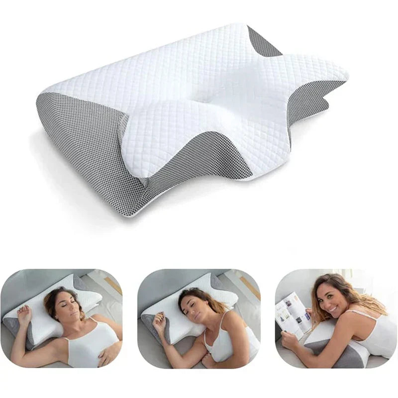 "2-in-1 memory foam cervical pillow, ergonomic design, contoured neck support, premium comfort, suitable for all sleepers."