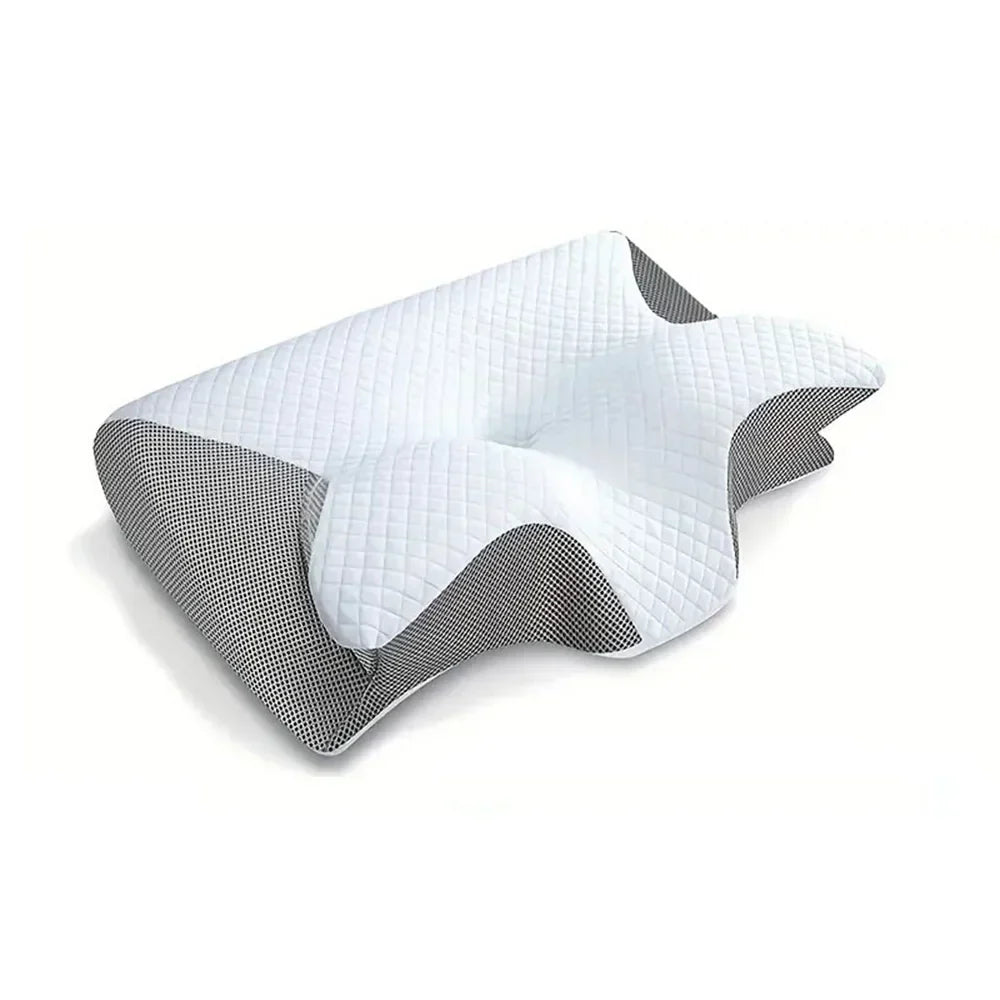 "2-in-1 memory foam cervical pillow, ergonomic design, contoured neck support, premium comfort, suitable for all sleepers."