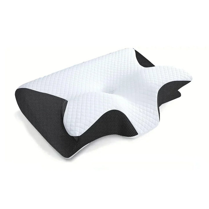 "2-in-1 memory foam cervical pillow, ergonomic design, contoured neck support, premium comfort, suitable for all sleepers."