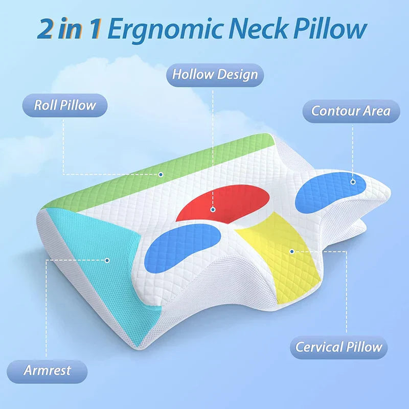 "2-in-1 memory foam cervical pillow, ergonomic design, contoured neck support, premium comfort, suitable for all sleepers."