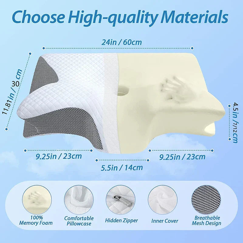 "2-in-1 memory foam cervical pillow, ergonomic design, contoured neck support, premium comfort, suitable for all sleepers."