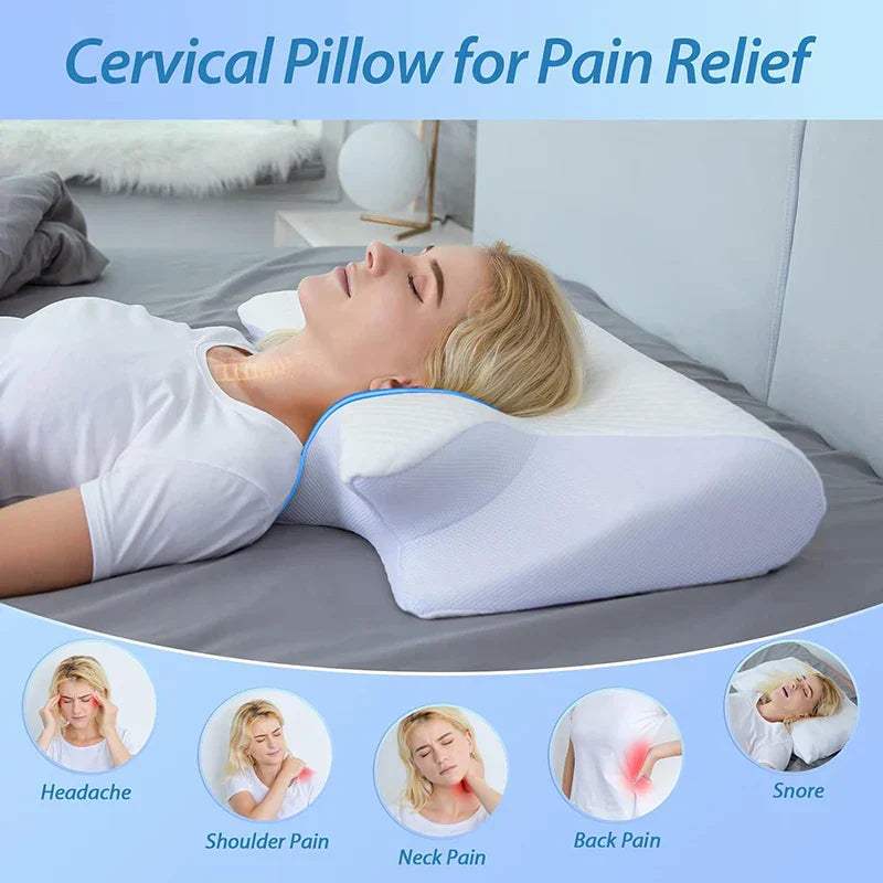 "2-in-1 memory foam cervical pillow, ergonomic design, contoured neck support, premium comfort, suitable for all sleepers."