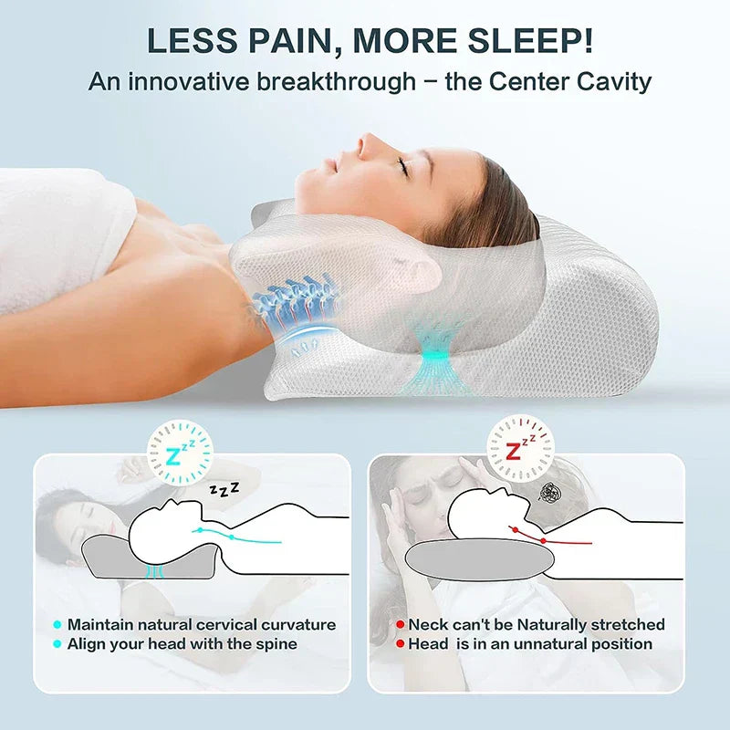 "2-in-1 memory foam cervical pillow, ergonomic design, contoured neck support, premium comfort, suitable for all sleepers."