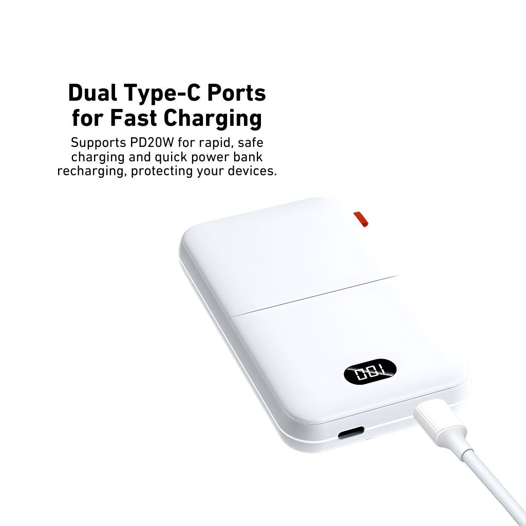 2-in-1 PowerBank with wireless, Type-C charging; sleek design, LED display, magnetic attachment, dual port for fast charge.