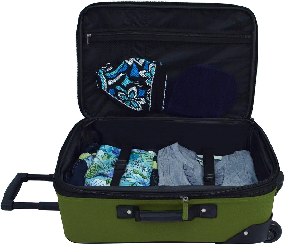 Matching softside tote bag from a 2-piece carry-on luggage set, ideal for travel essentials.