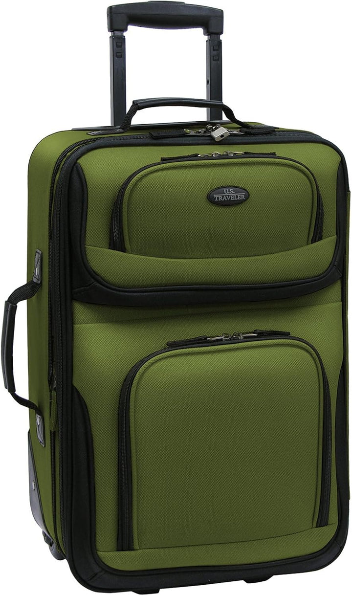 Retractable handle on purple softside carry-on luggage, designed for comfortable, easy travel.