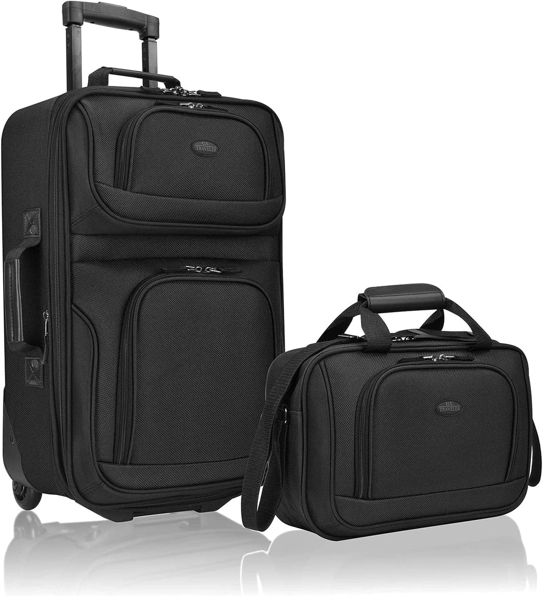 Black 2-piece carry-on luggage set, softside & expandable. Ideal for travel & weekend trips.