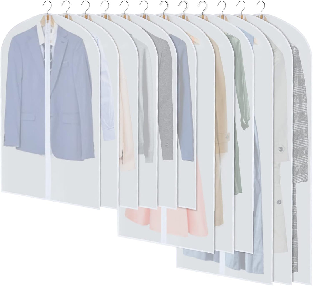 24-pack PEVA garment covers for dust-proof clothes protection & closet organization.