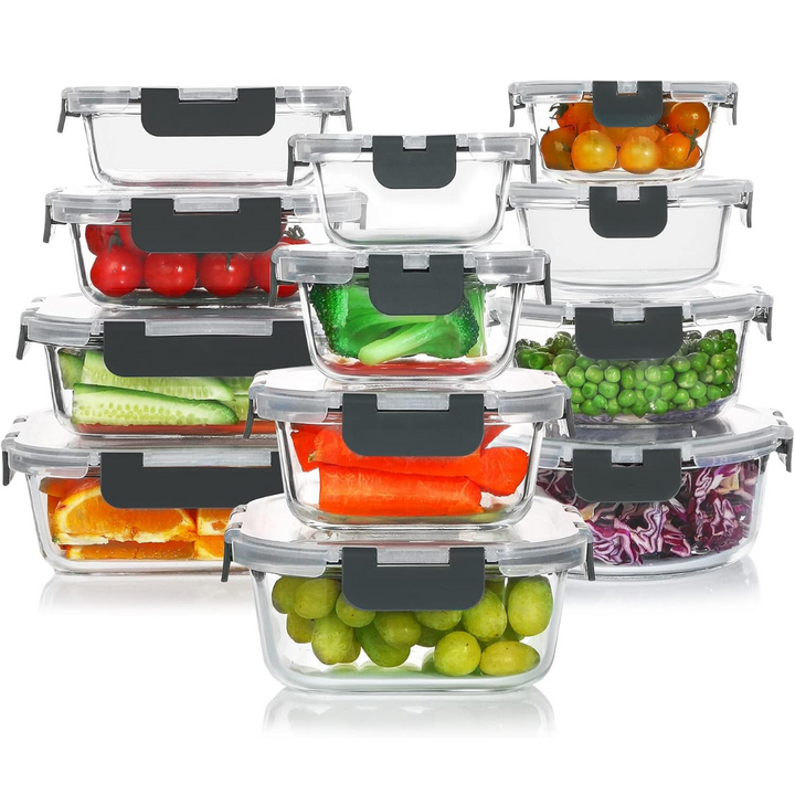 Organize your kitchen with this 24-piece stackable airtight glass meal prep container set. BPA-free.