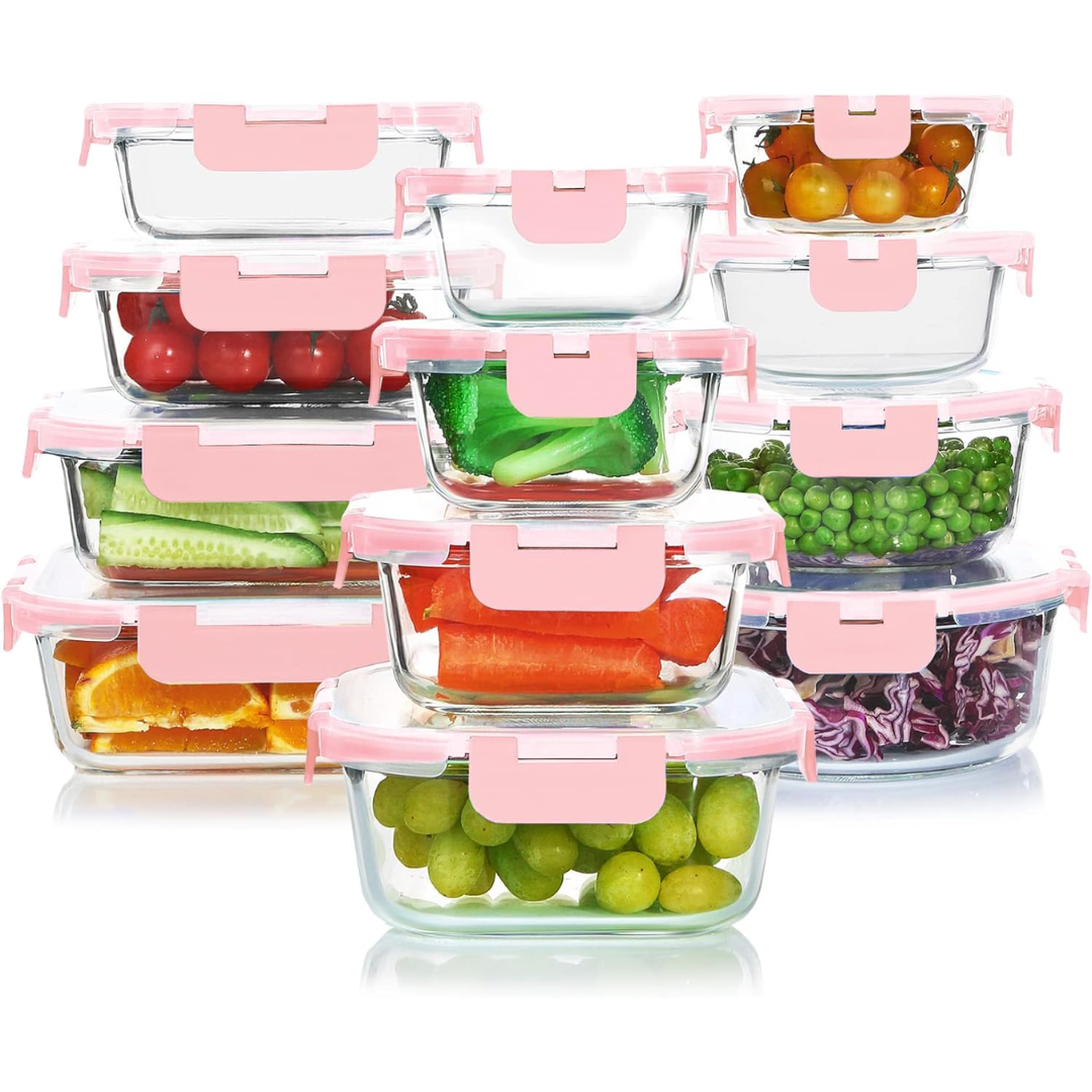 Durable 24-piece airtight glass food storage for oven, microwave, freezer. Ideal for meal prep & leftovers.