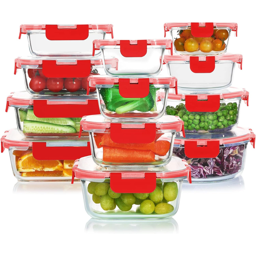 PurePreserve 24-piece glass food storage set. Airtight, stackable containers for organized, fresh kitchen.