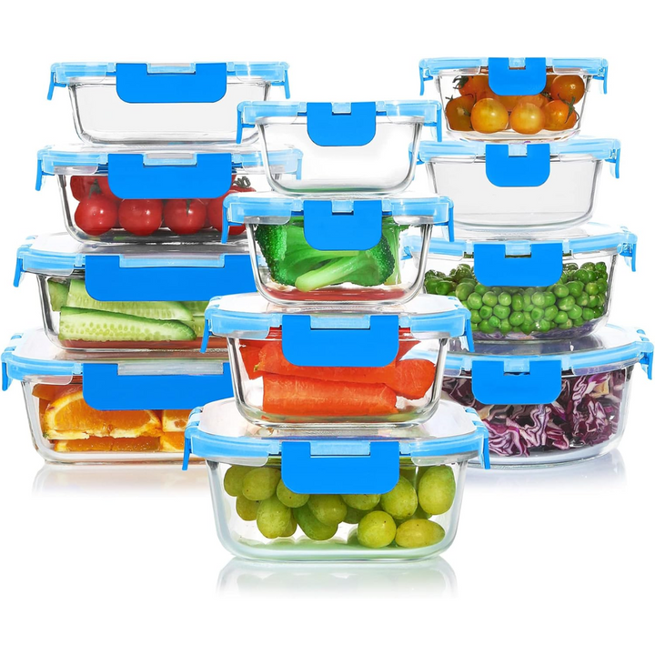 Premium 24-piece airtight glass food storage set. Stackable, oven, microwave, freezer safe for meal prep.