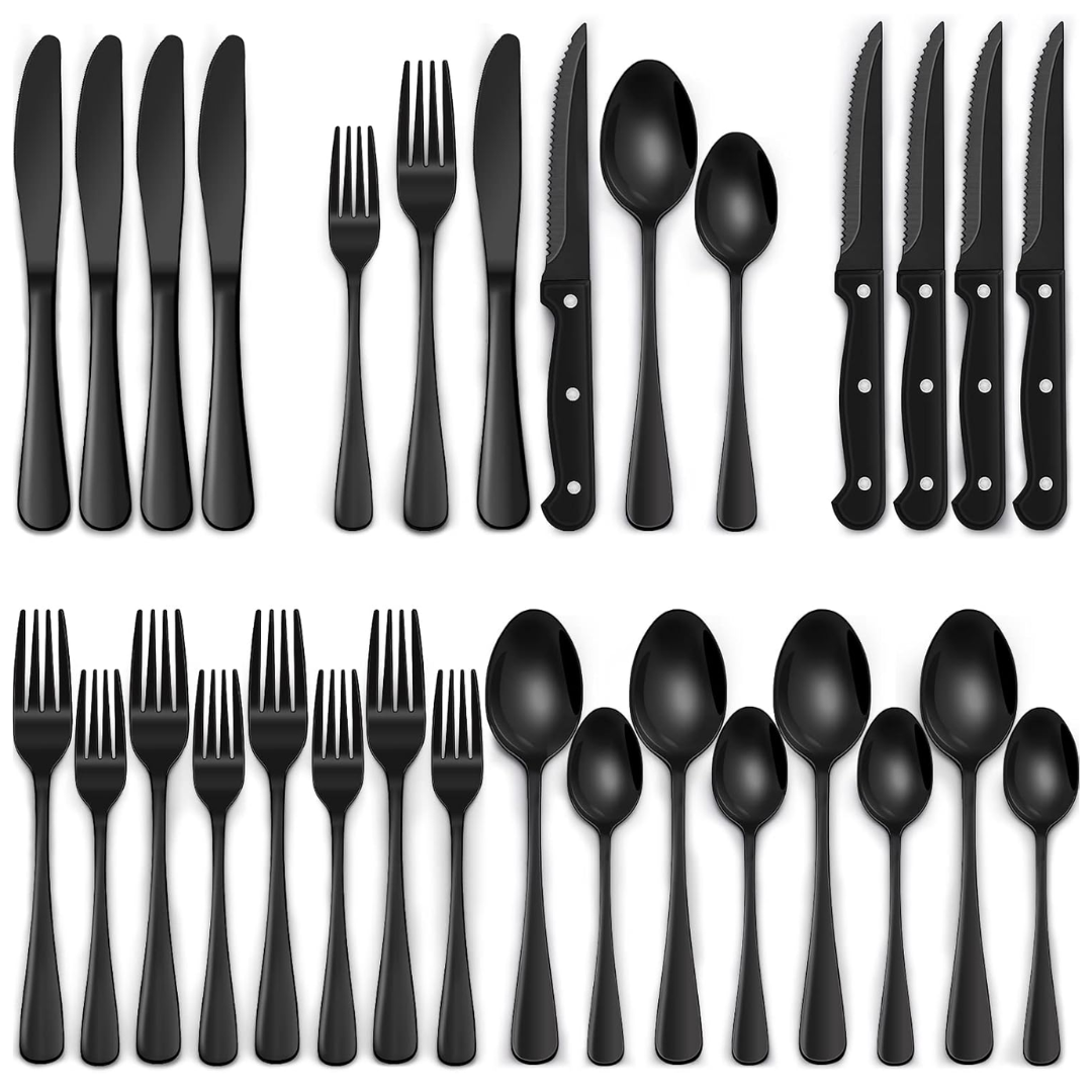 24-piece black stainless steel cutlery set for modern dining, including forks, knives, and spoons.