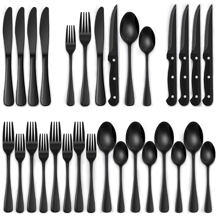 24-piece black stainless steel cutlery set for modern dining, including forks, knives, and spoons.