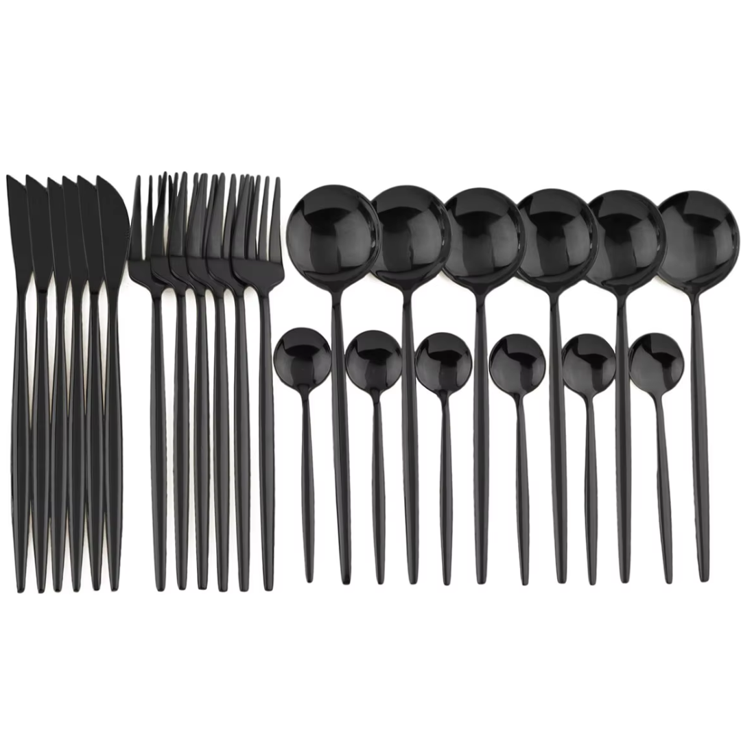 Elegant black flatware set: 6 dinner forks, 6 knives, 6 spoons & 6 teaspoons. Perfect for tableware.