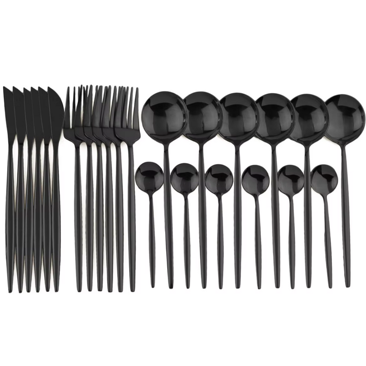 Elegant black flatware set: 6 dinner forks, 6 knives, 6 spoons & 6 teaspoons. Perfect for tableware.